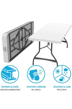 Mesa Rectangular Patas Plegables Blanco Efecto Granito Lifetime 182 X 76 X 74 CM