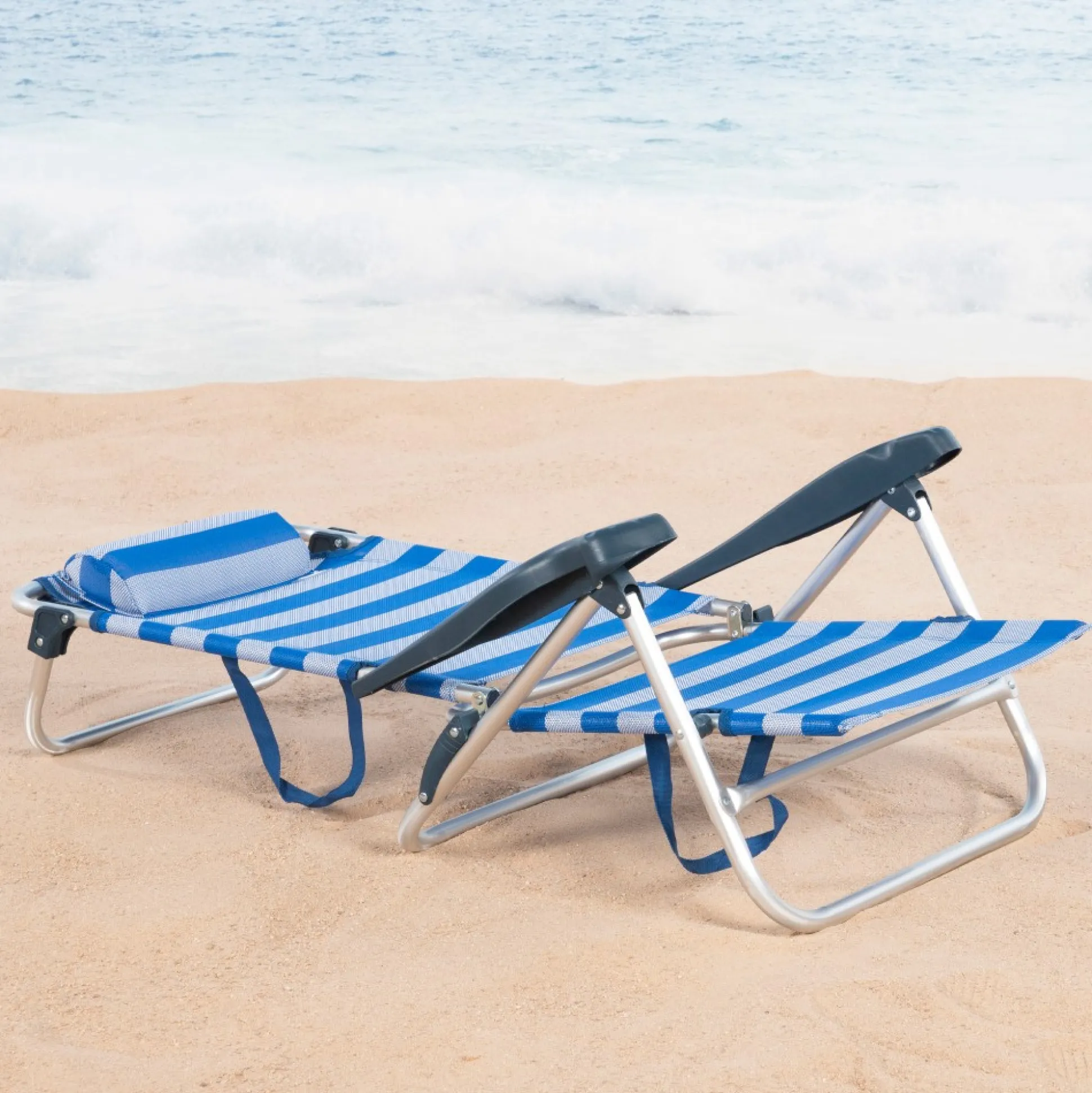 Pack De 2 Sillas De Playa Plegables Y Reclinables 7 Posiciones C/cojín Y Asas